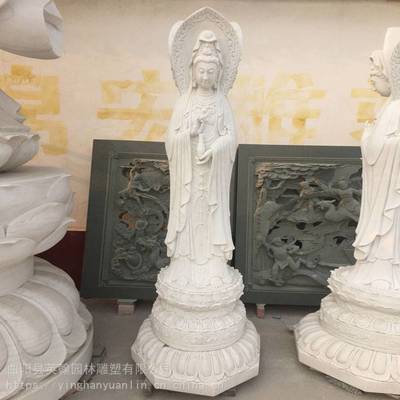 汉白玉石雕观音像 滴水南海送子观音菩萨雕塑的供奉意义与市场价格探析